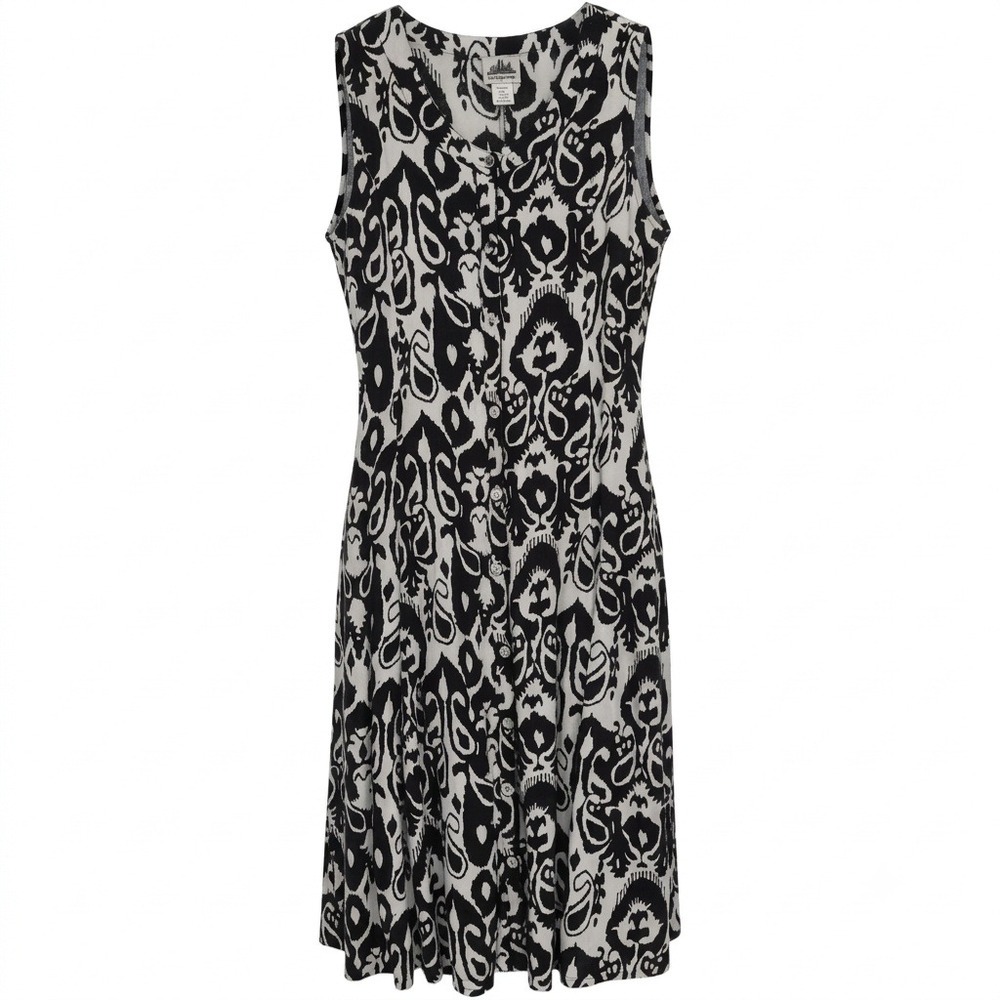 Metropolitan Womens Black White Ikat Print Rayon Buttonl Sleeveless Midi Dress